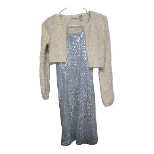 Xtraordinary Light Blue Sequin Sparkle Dress w/cream fluffy cardigan Girl's 12